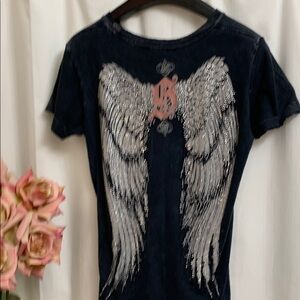 RARE VINTAGE Y2K 90’s SINFUL Distressed Tee Crystal Angel Wings